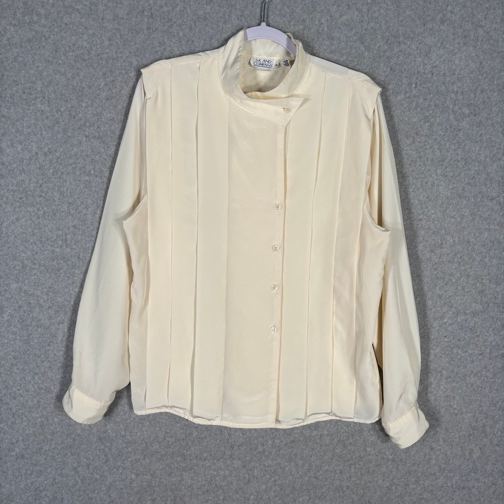 Vintage Pleated‎ Blouse Size 14 Cream Sheer Asymmetric Tuxedo 80s 90s Secretary